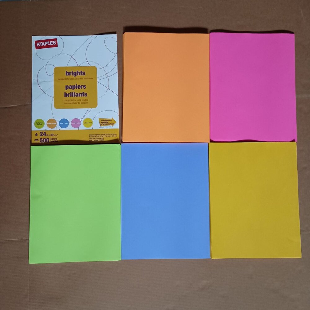 Staples bright colored copy paper variety pack 8.5"x11" approximately 300 sheets